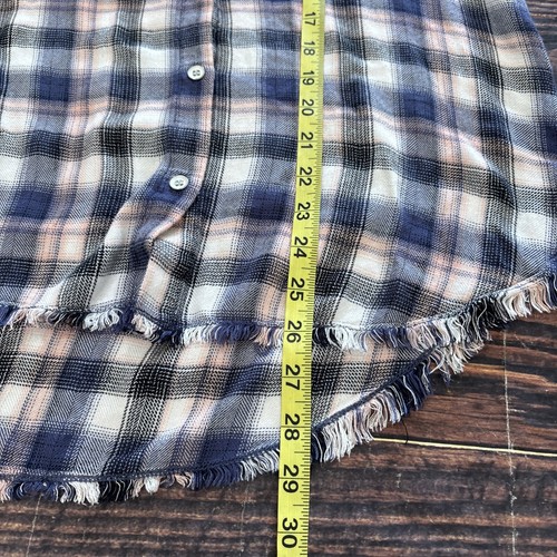 Bella Dahl Women’s Large Pink White Blue Plaid Button Down Shirt Rayon Fray Hem - Picture 7 of 9