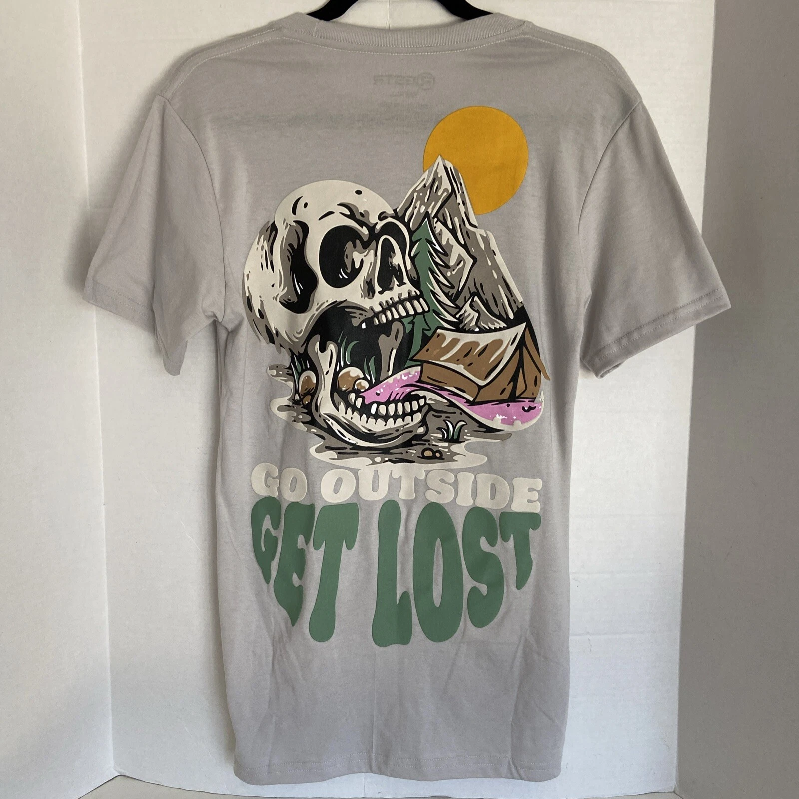 MEN'S GSTR SHIRT GO OUTSIDE GET LOST SKELETON SKULL CAMPING TENT SMALL NWOT