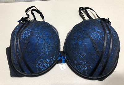 Adore Me Women Blue Black Lace Bra 36 D Padded Sexy Push Up Plunge New MWT