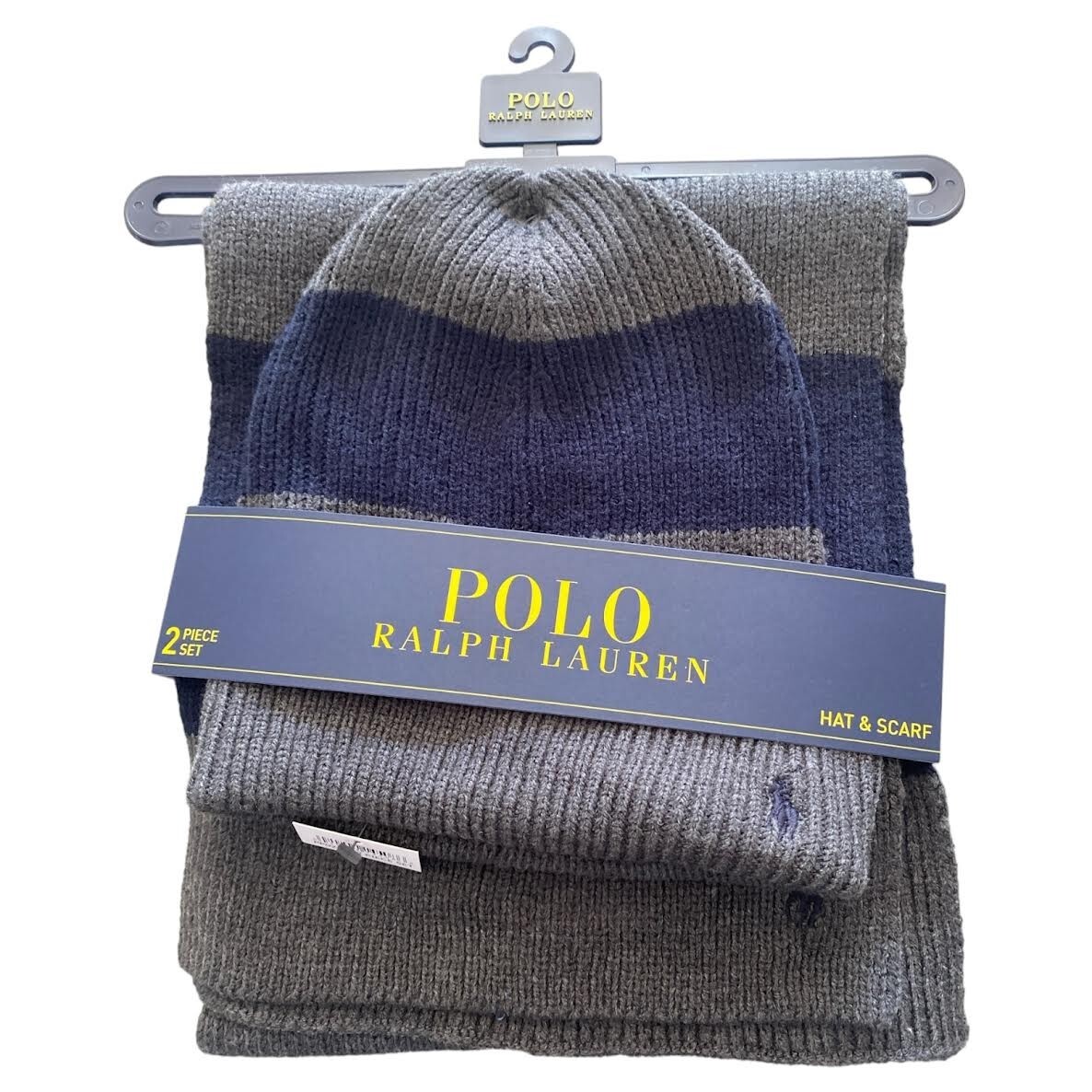 Set cappello e sciarpa polo Ralph Lauren grigio e blu navy pony ricamato con logo