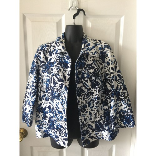 Coldwater Creek Blue Splatter Floral 3/4 Sleeve Career Jacket Blazer Size 12
