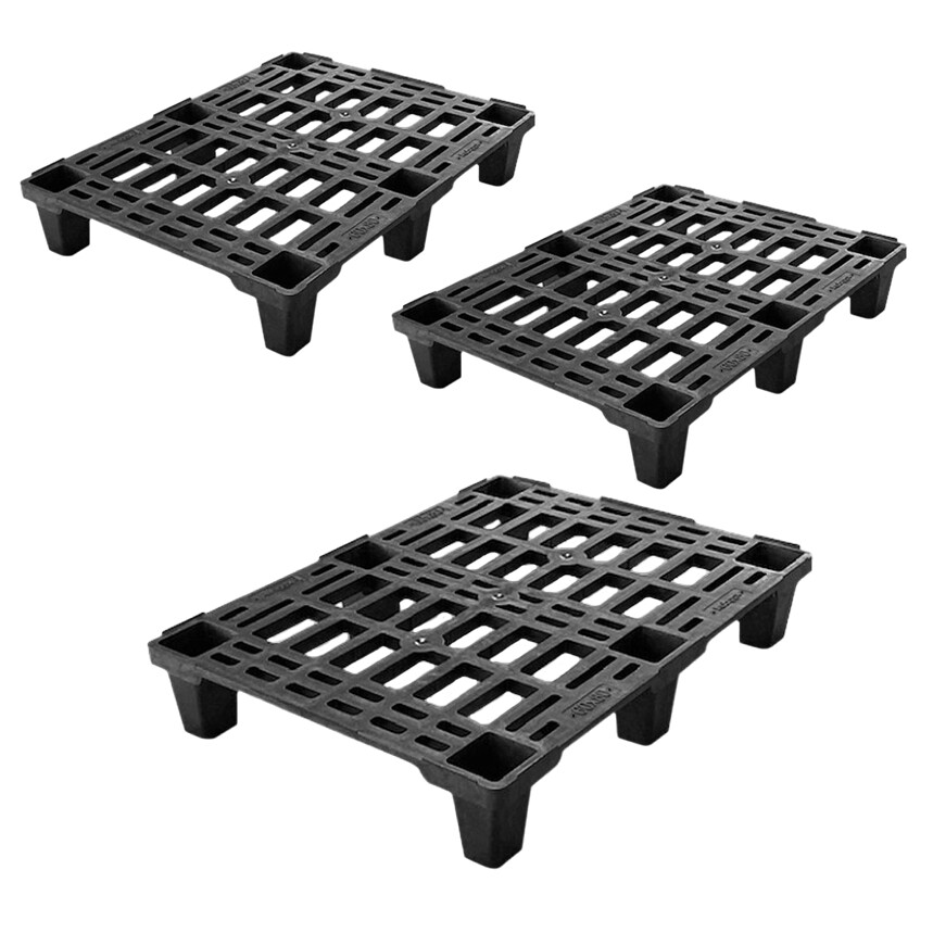 3 BANCALI PALLET 80x60x14cm PLASTICA NERA PORTATA STATICA 600KG DINAMICA 250KG