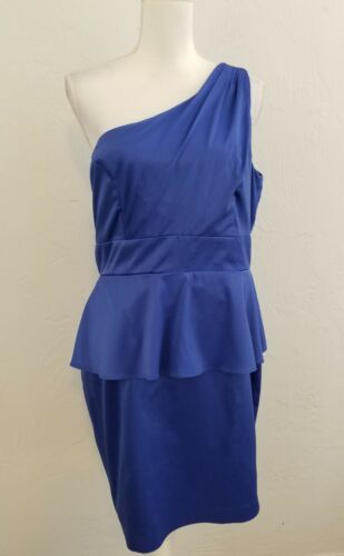 JESSICA SIMPSON SIZE 12 BLUE SATIN ONE SHOULDER PEPLUM SHEATH COCKTAIL DRESS