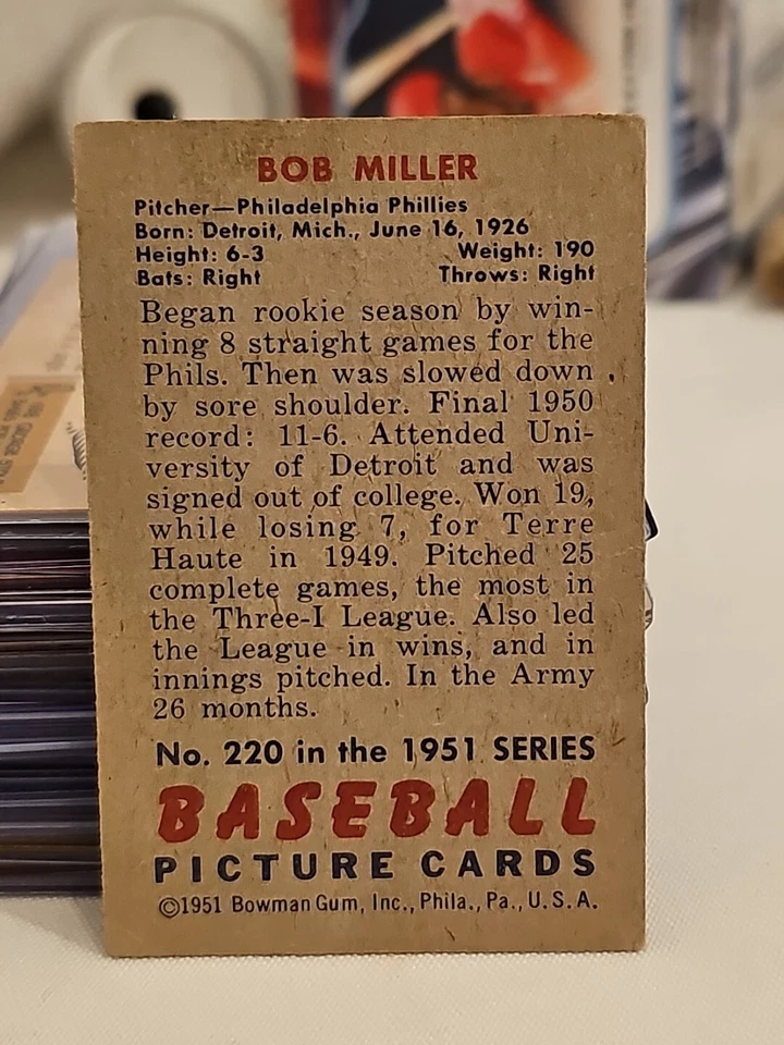 1951 Bowman #220 Robert Bob Miller Philadelphia Phillies Autographed EX-MT Sharp - Image 2 of 2