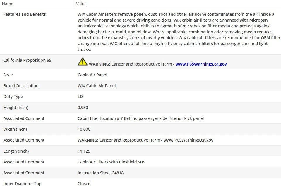 Filtro de aire de cabina WIX para VOLVO S60 2001-2005 L5-2,3 L Foto 3 de 4