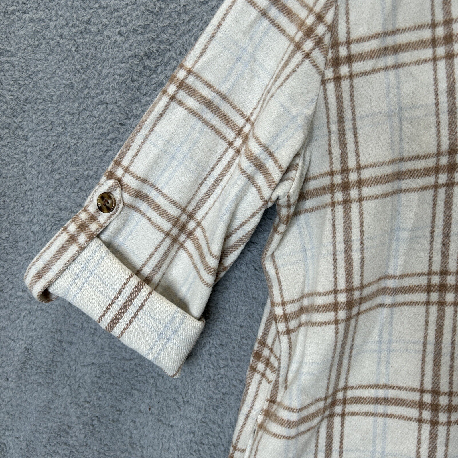 Cozy Co Shirt Women Medium Ivory Plaid Button Up Tunic Lightweight Shacket