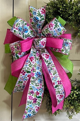 10'' Dk Pink Floral Bow Spring Wired Ribbon Door Wreath, Mail, Basket # 184 C rb