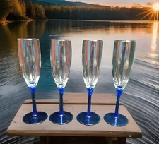 LIBBEY Set Of 4 Domaine Blue Petal Stem Champagne Clear Flute 8 7/8” Glasses