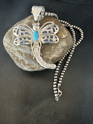 Navajo Dragonfly Blue Turquoise Sterling Silver Necklace Pendant 3'' 18579
