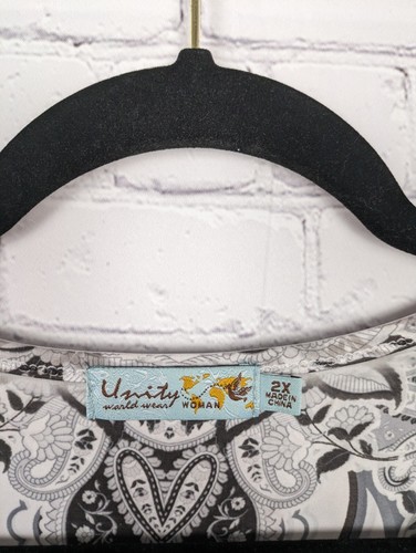Unity World Wear Blouse Womens Size 2X White Crochet Studded Damask Print Top - Picture 3 of 12