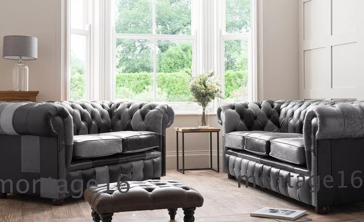 Grey chesterfield sofa and footstool deals