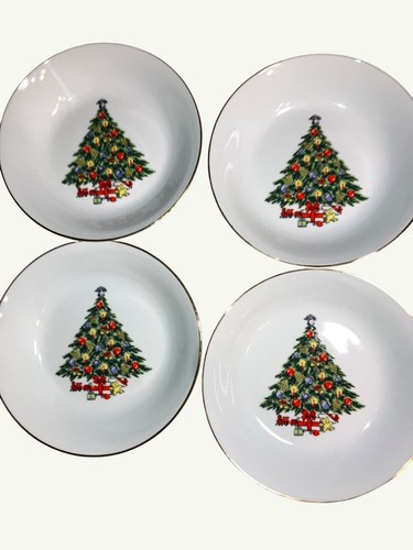 Vintage Christmas Tree Porcelain Dish Set 16-Piece Gold Trim - Picture 11 of 16