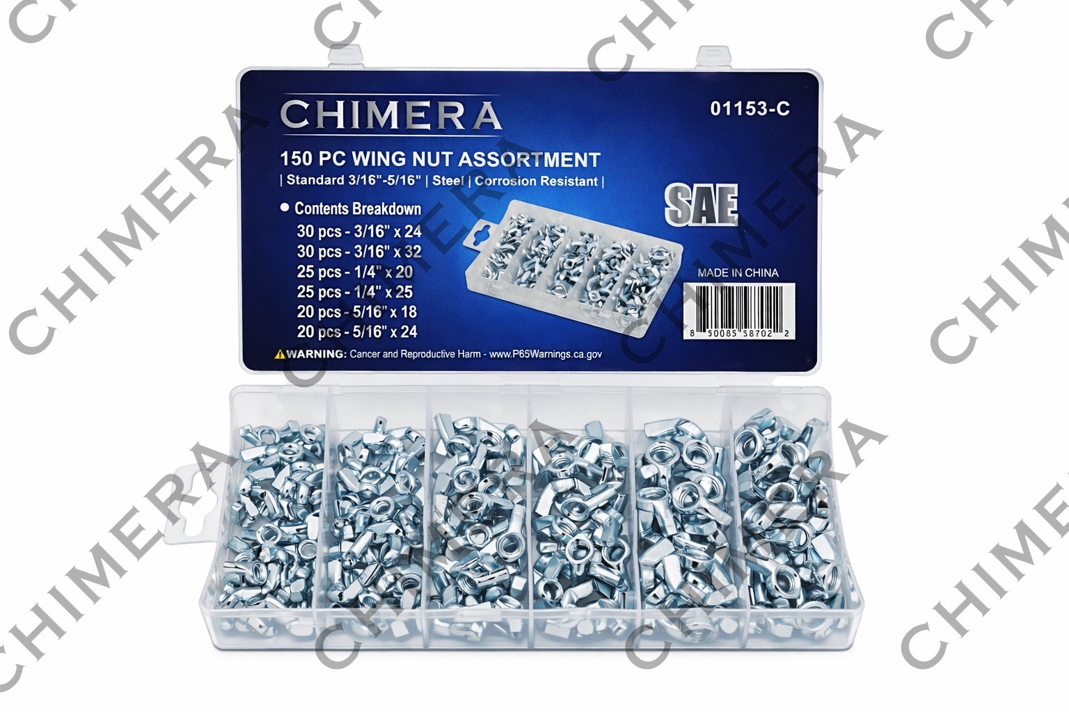 Chimera 150pc SAE Standard Zinc‑Plated Carbon Steel Wing Nut Assortment Set