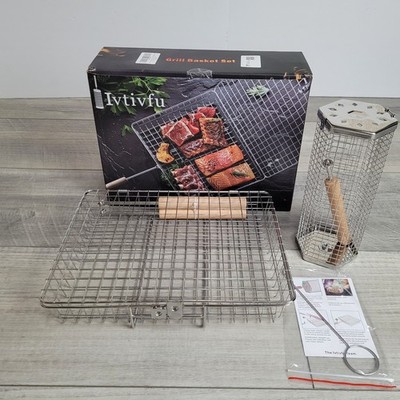 Ivtivfu Grill Basket Set of 2 Rectangular & Hexagon Heat Resist Wood Handles NEW