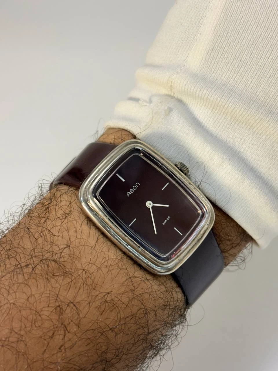 Vintage 1970s Agon Swiss Burgundy Dial TV Case Manual Wind Watch 31x37mm Tank image 13