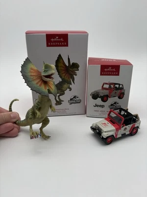 2 Hallmark Ornaments Jurassic Park 30th Anniversary Dilophosaurus & 1992 JEEP