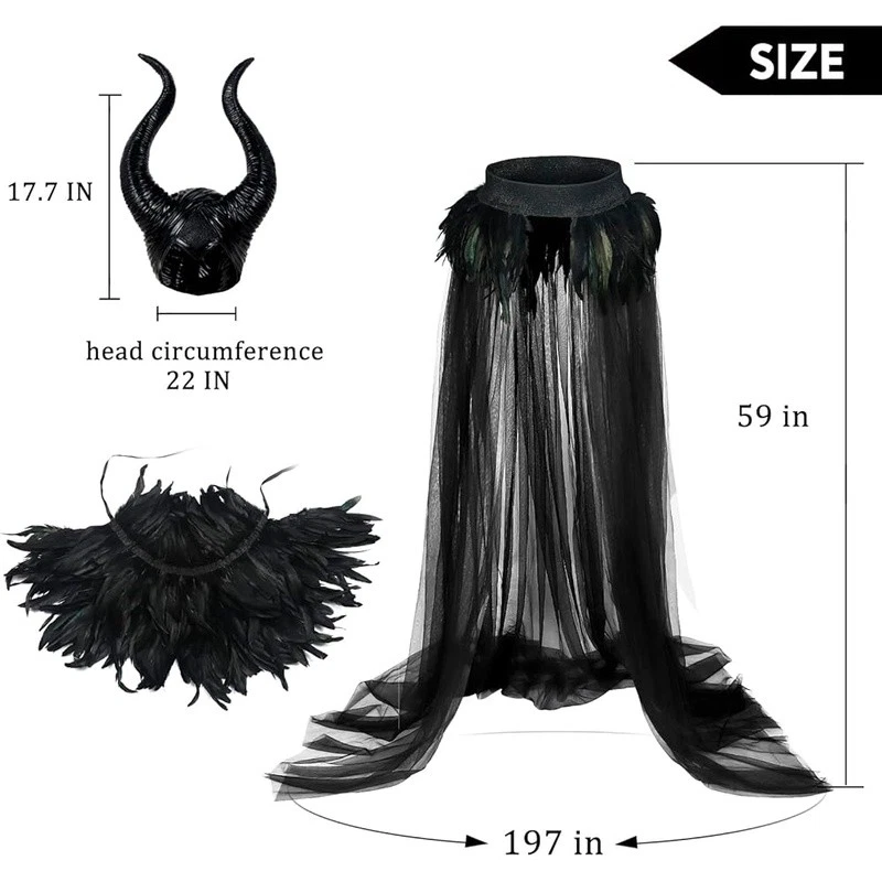 Delux Maleficent Costume Tulle Skirt Feather Cape Horns Halloween Outfit New - Image 3 of 4