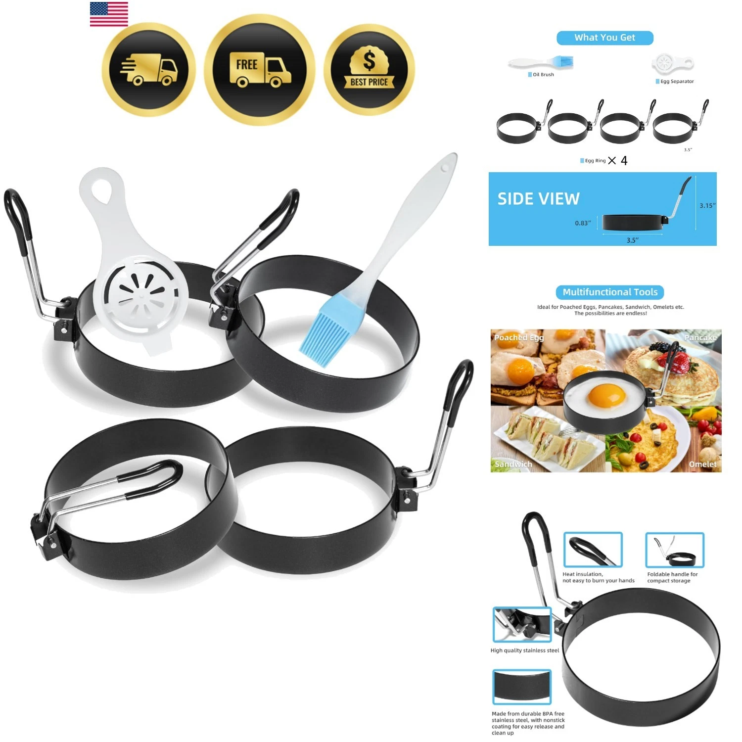 Stainless Steel Egg Rings for Frying Eggs（4 Pack） - 3.5" Round Non Stick Grid...
Opens in a new wind