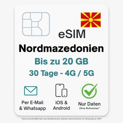 Nordmazedonien eSIM Datentarif digitale e SIM - per Mail- ohne Telefon Nummer