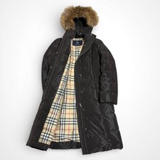 BURBERRY Hood Fur Down Coat Jacket Blouson Women Size 11 Nova Plaid Brown Black