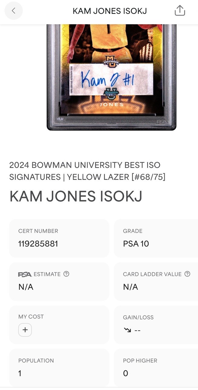 2024 BOWMAN U BEST KAM JONES /75 ISO SIGNATURE-YELLOW LAZER POP 1 PSA 10