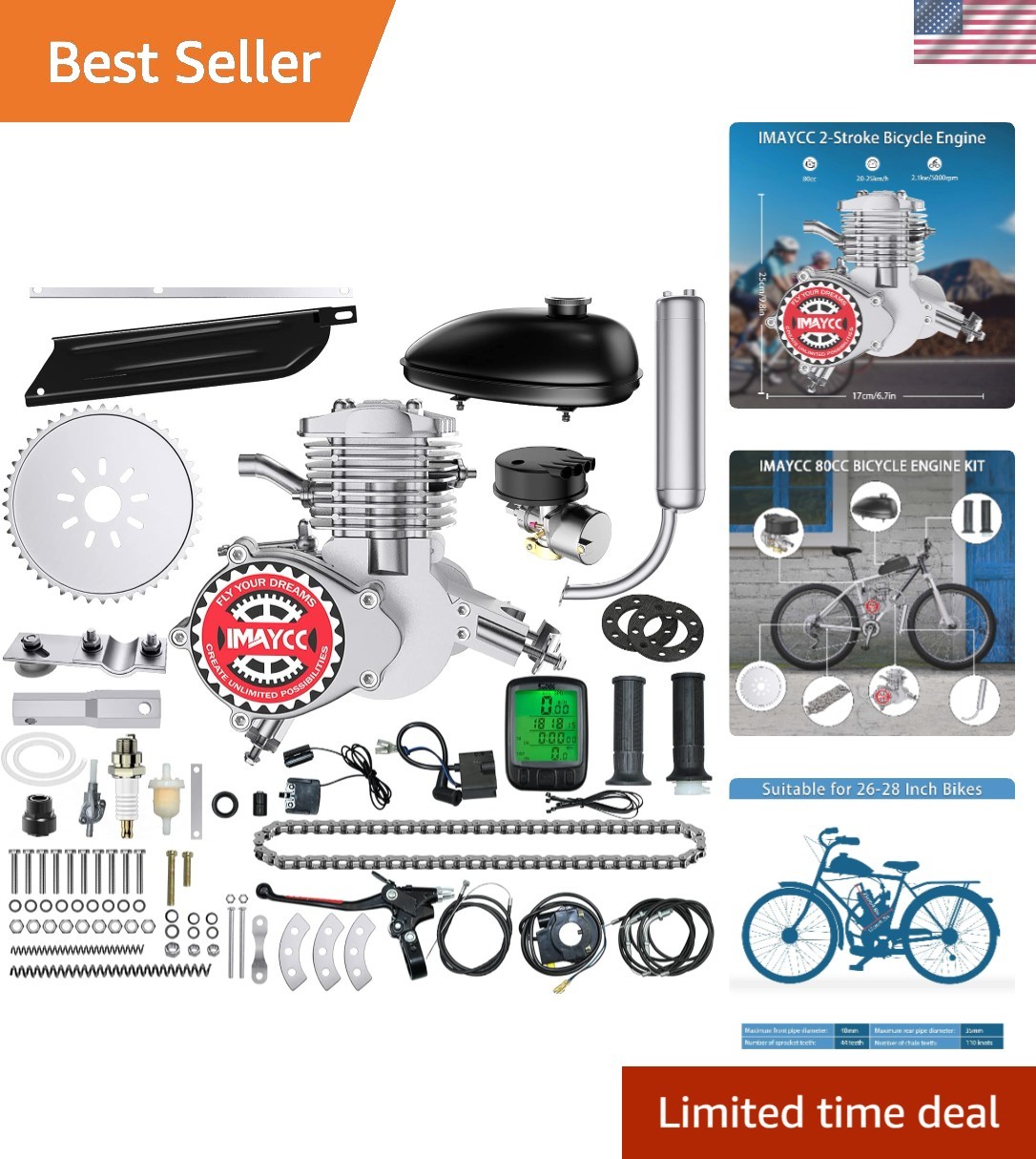 80cc Gas Bicycle Engine Kit for 26-28 Inch Bikes, 2-Stroke Power