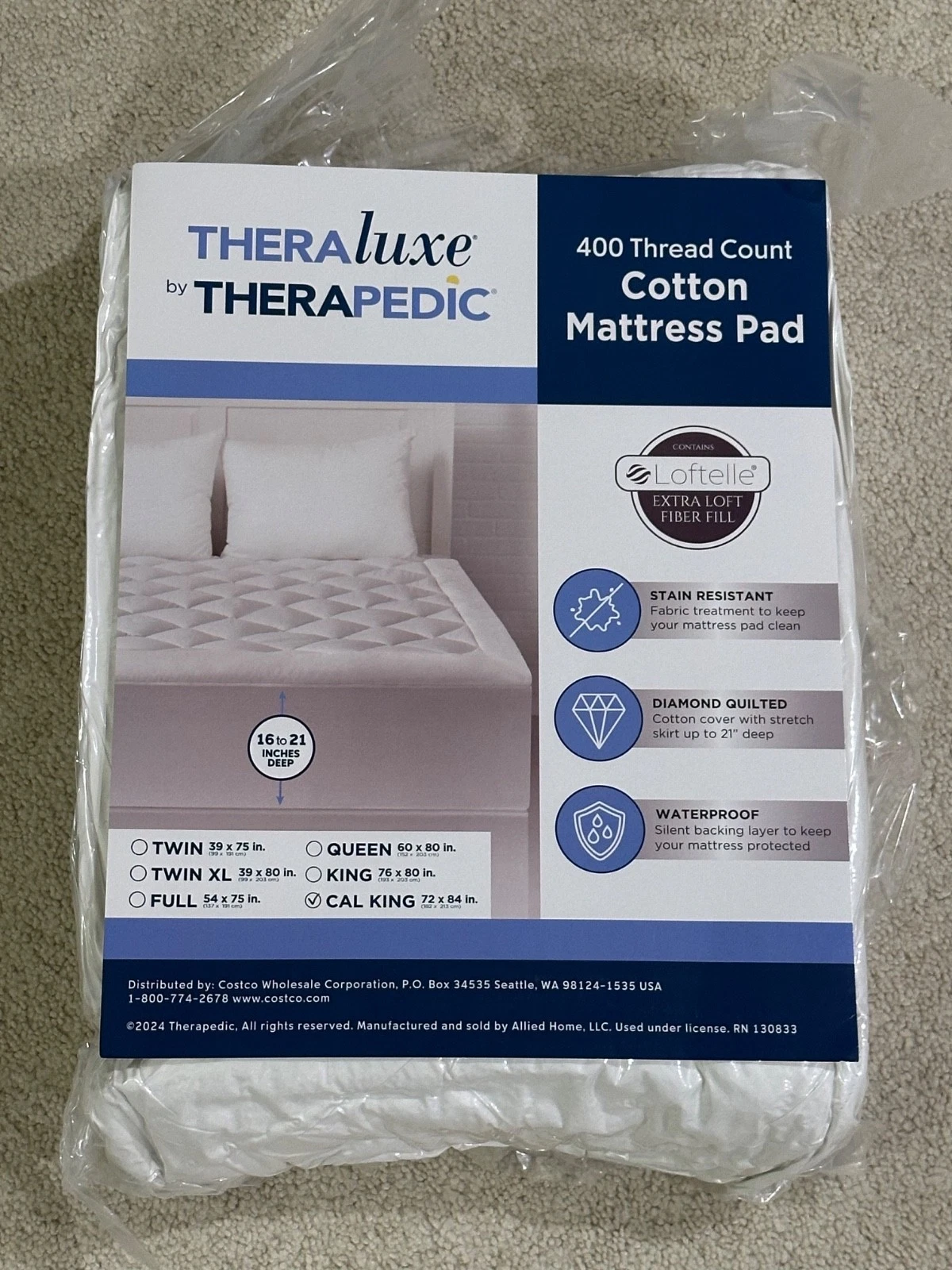 New TheraLuxe by Therapedic Cotton Mattress Pad Waterproof Cover Cal King Bed