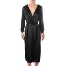 Flora Nikrooz Women Stella Satin Venise Trim Robe Black Medium Dressing Gown NWT