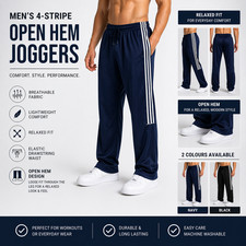 Mens Open Hem Jogging Tracksuit Bottoms Zip Pockets Drawstring Stripe M-3XL NEW
