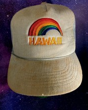 Vintage 80s Hawaii Rainbow Hat Cap Snap Back Corduroy Mesh Trucker Men