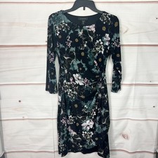 Tahari Dress Womens 10 Black Floral Shift Knit 3/4 Sleeve Twisted Waist Pullover