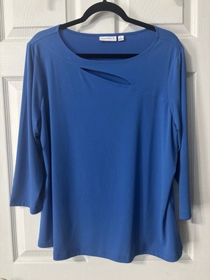 Susan Graver Liquid Knit Blue Tunic Top Cut Out Detail Size XL 3/4 Sleeves EUC