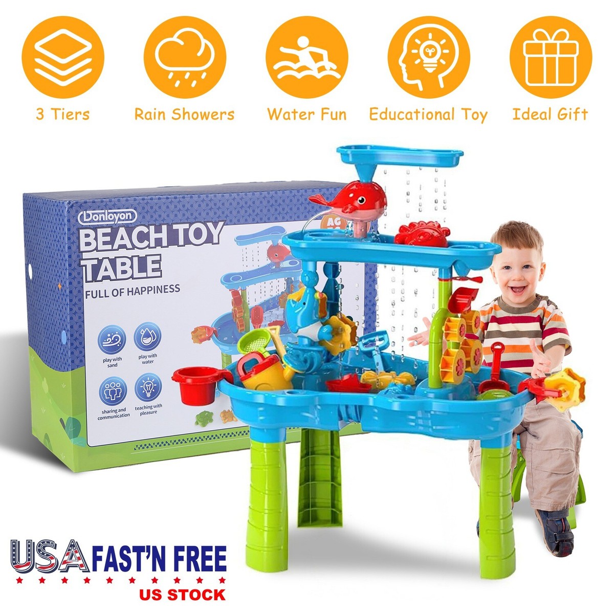Kids Sand Water Table 3-Tier Sand Table and Rain Showers Splash