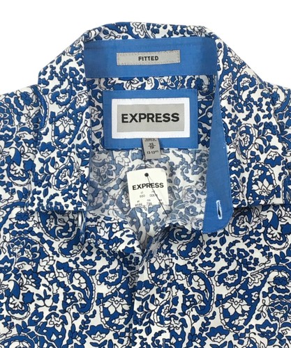 NWT Express Blue White Floral Paisley Fitted Slim Fit Button Down Dress Shirt XS - Picture 4 of 10