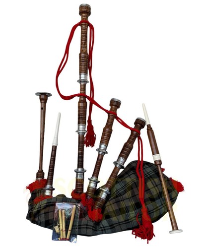 Highland Rosewood Bagpipe For Sale Natural Finish Black Watch Weathered Tartan - Picture 3 of 5