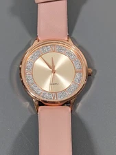 Charming Charlie Silver Glitter Dial Gold Tone Pink Faux Leather Womens Watch