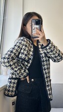Women Houndstooth Tweed Boucle Blazer Jacket - Trendy Vintage Style Outfit