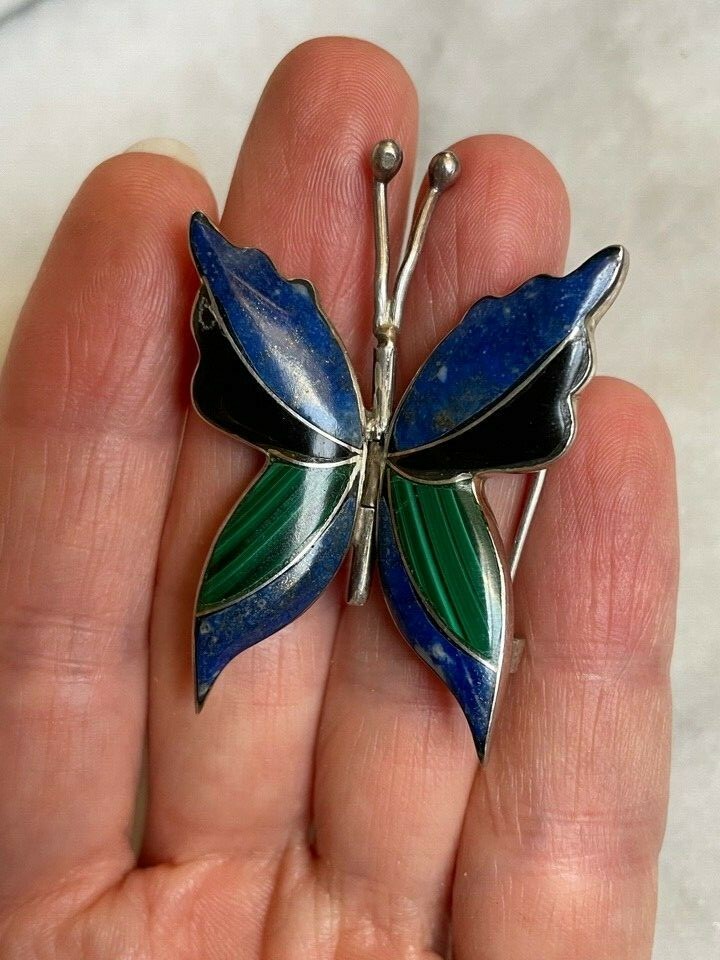 980 STERLING SILVER LAPIS LAZULI,MALACHITE & ONYX BUTTERFLY