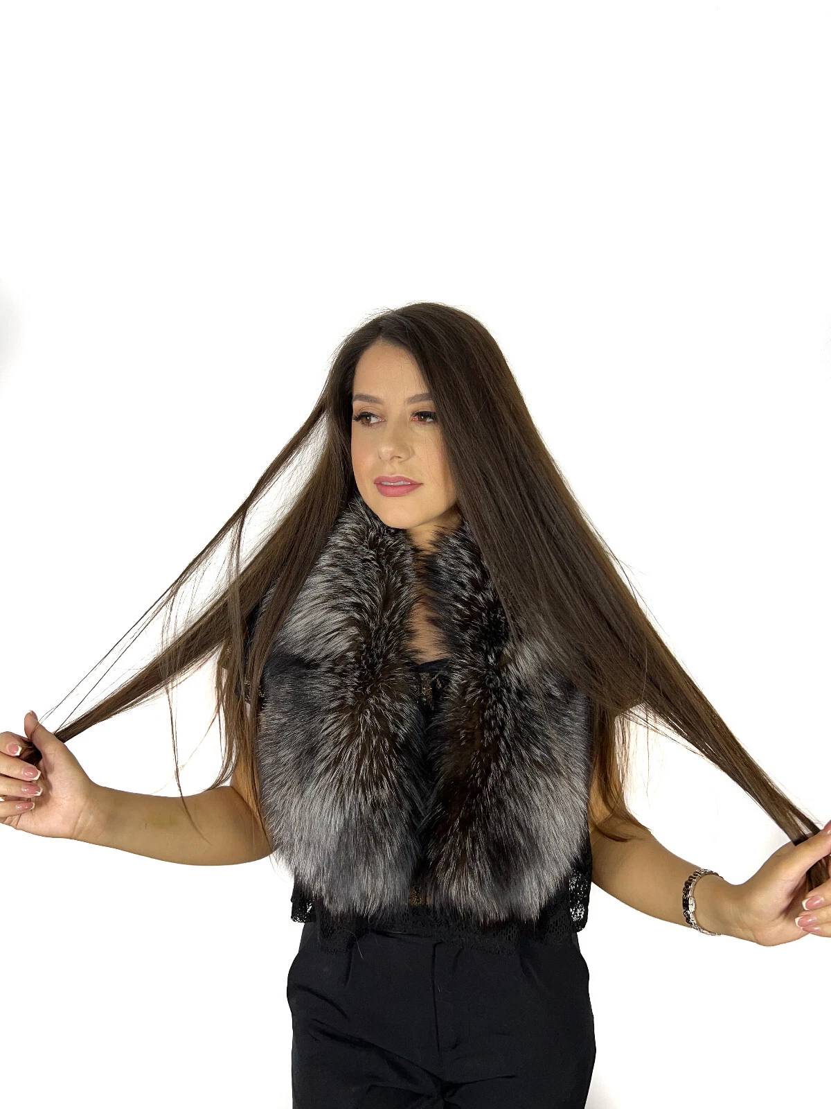 Silver Fox Fur Collar 40" (100 cm) Natural Silver Fur Collar Saga Furs Stole