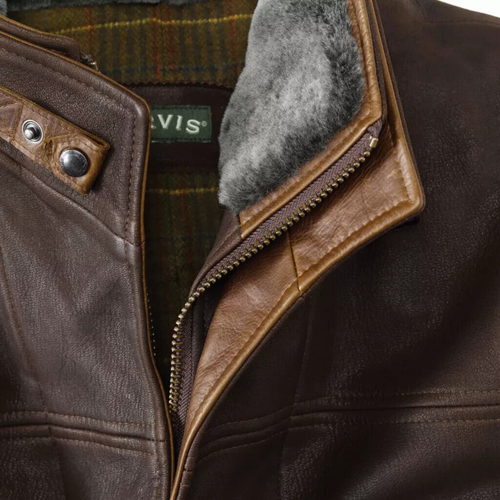 Men's Lambskin Brown Leather Vest Double Collar Faux Fur Pilot Biker Waistcoat - Picture 5 of 7