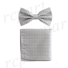New Men's micro fiber Pre-tied Bow tie  hankie Silver plaids  checkers formal
