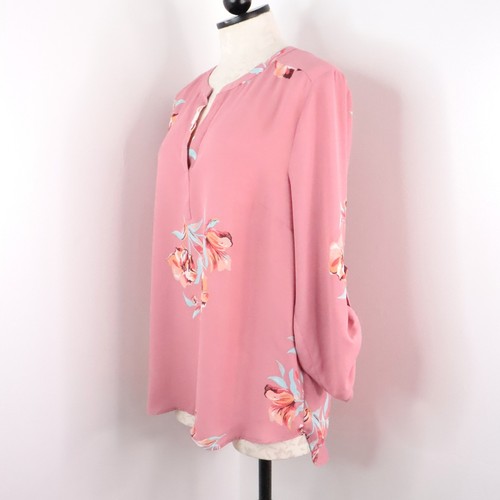Daniel Rainn Tunika Bluse Damen L rosa Blumen Georgette Roll-Tab semi-transparent - Bild 3 von 8