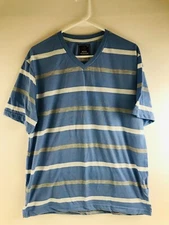 More Fashion T-Shirt Men's Size XL Blue White Gray Striped V-neck Short Sleeve
