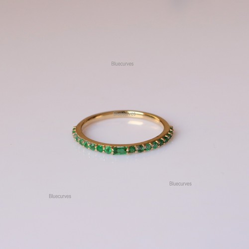 3x1.5mm Baguette & Round Emerald Half Eternity Stacking Band Ring14k Yellow Gold - Picture 7 of 9