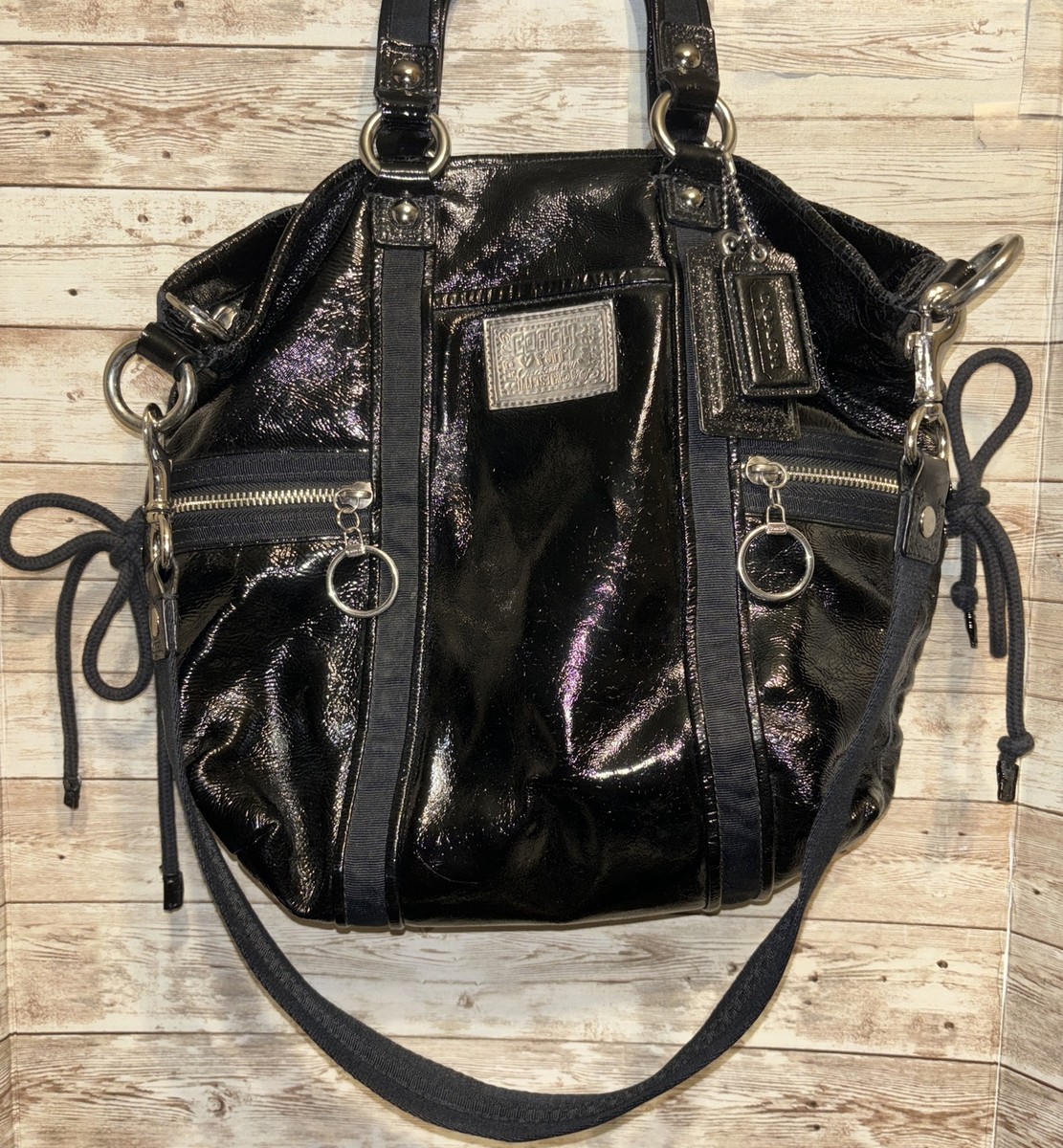 COACH POPPY GLAM SHOULDER TOTE PATENT LEATHER BLACK HANDBAG COACH POPPY GLAM SHOULDER TOTE PATENT LEATHER BLACK HANDBAG