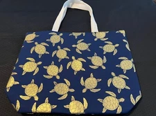 Turtle Beach Bag with Gold Turtles and Navy Background