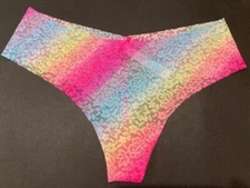 NWT VICTORIA SECRET MULTICOLOR RAINBOW FLORAL LACE NO SHOW PINK THONG M MEDIUM