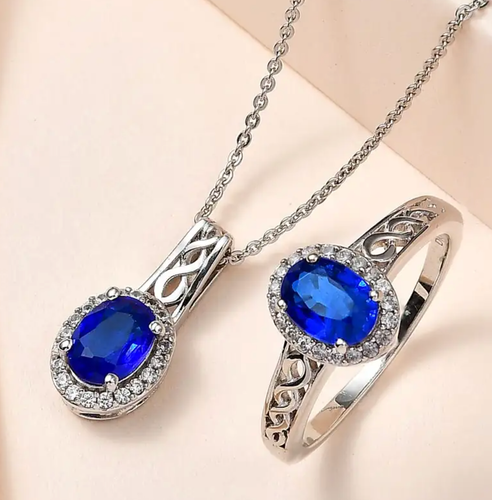 Blue Spinel / Zircon Halo Ring & Pendant Set 20 In. Platinum Over Sterling Sz 8 - Picture 2 of 8