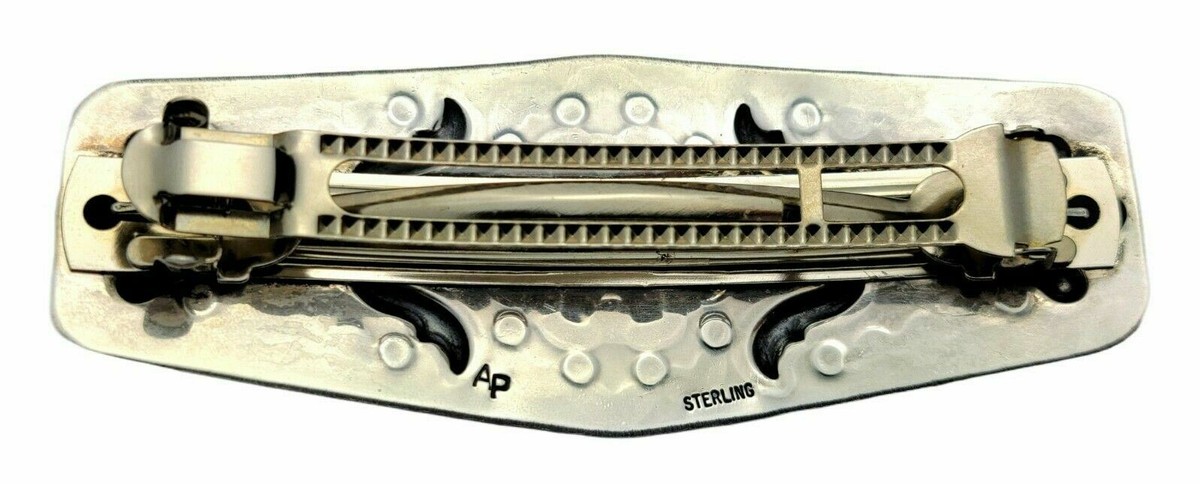 Vintage Southwestern Artisan Sterling Silver Handmade Hair Barrette SS335 Item #1018N- Navajo Royston Turquoise Sunrise Stamped  main image 4