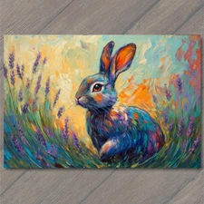 Art Print Rabbit Flowers Vivid Sky Lavender Field Whimsical Bunny Spring Art